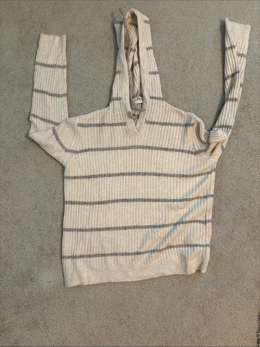 Staccato Cream Hooded Rib-Knit Sweater with Gray Stripes